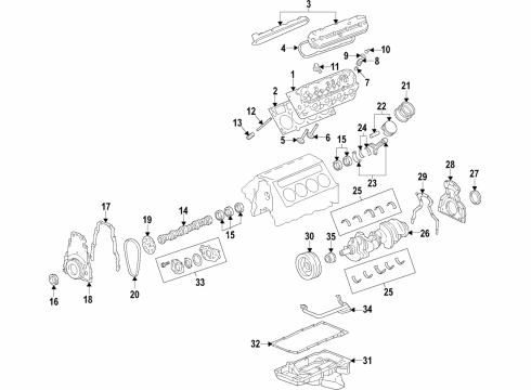 2017 Chevy Suburban 3500 HD Engine Parts, Mounts, Cylinder Head & Valves, Camshaft & Timing, Oil Pan, Oil Pump, Crankshaft & Bearings, Pistons, Rings & Bearings Diagram