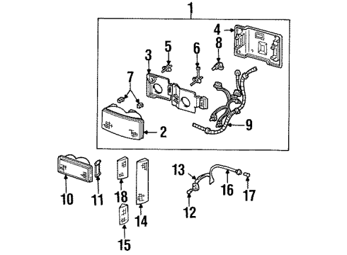 1990 GMC C3500 Headlamp Components, Park & Side Marker Lamps Diagram