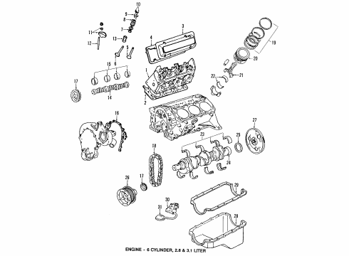 1998 Chevy Monte Carlo Engine Parts, Mounts, Cylinder Head & Valves, Camshaft & Timing, Oil Pan, Oil Pump, Balance Shafts, Crankshaft & Bearings, Pistons, Rings & Bearings Diagram