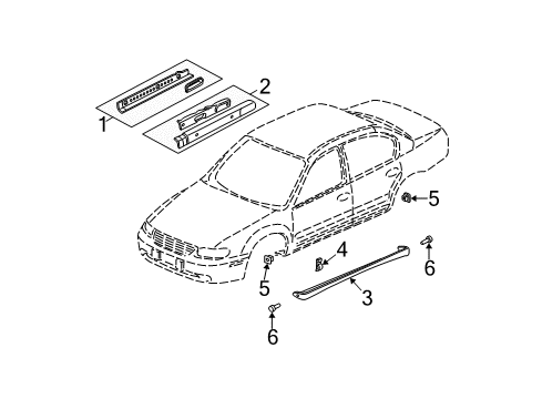 2002 Chevy Malibu Floor & Rails, Exterior Moldings Diagram