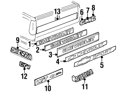 1991 Chevy C3500 Body Side Molding, Outer Driver Side Diagram for 15607309