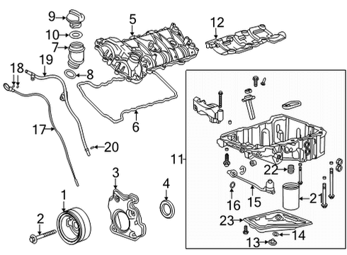 2022 Cadillac CT5 Engine Parts, Mounts, Cylinder Head & Valves, Camshaft & Timing, Variable Valve Timing, Oil Cooler, Oil Pan, Oil Pump, Balance Shafts, Crankshaft & Bearings, Pistons, Rings & Bearings Diagram