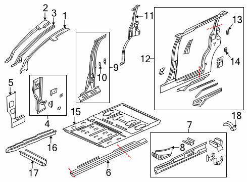 2004 Pontiac Montana Aperture Panel, Center Pillar, Floor & Rails, Hinge Pillar, Rocker Panel Diagram