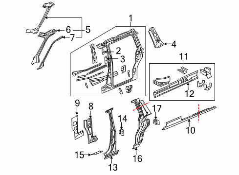 2008 Chevy Uplander Center Pillar, Hinge Pillar, Lock Pillar, Rocker Panel, Uniside Diagram