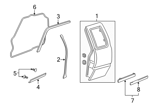 2002 Chevy S10 Rear Door & Components, Exterior Trim Diagram