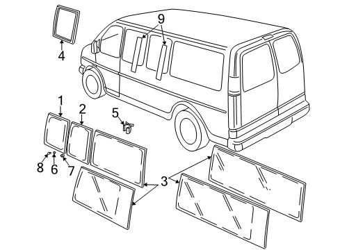 1999 Chevy Express 3500 Body Side Panels - Glass & Hardware Diagram