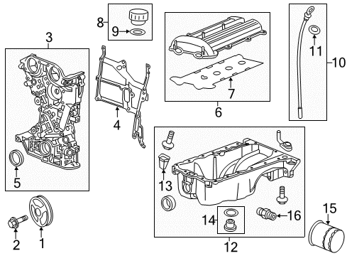 2012 Chevy Volt Engine Parts, Mounts, Cylinder Head & Valves, Camshaft & Timing, Variable Valve Timing, Oil Pan, Crankshaft & Bearings, Pistons, Rings & Bearings Diagram