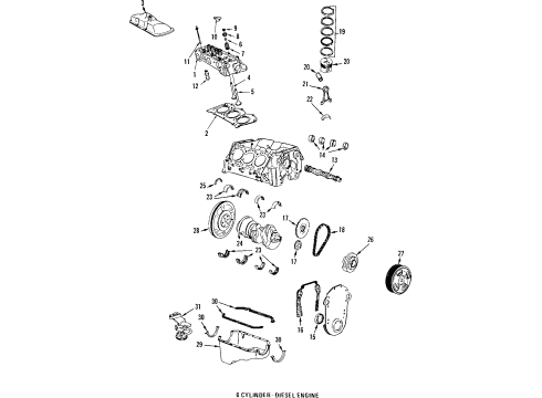 1984 Oldsmobile Cutlass Ciera Engine Parts, Mounts, Cylinder Head & Valves, Camshaft & Timing, Oil Pan, Oil Pump, Crankshaft & Bearings, Pistons, Rings & Bearings Diagram