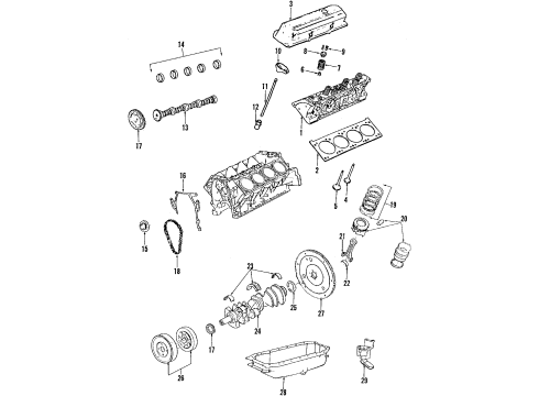 1994 Cadillac DeVille Engine Parts, Mounts, Cylinder Head & Valves, Camshaft & Timing, Oil Pan, Oil Pump, Crankshaft & Bearings, Pistons, Rings & Bearings Diagram