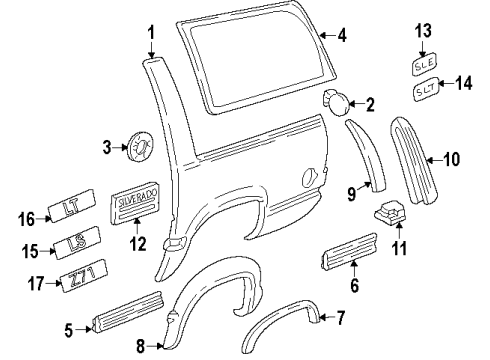1999 GMC Yukon Quarter Panel & Components, Glass, Exterior Trim Diagram