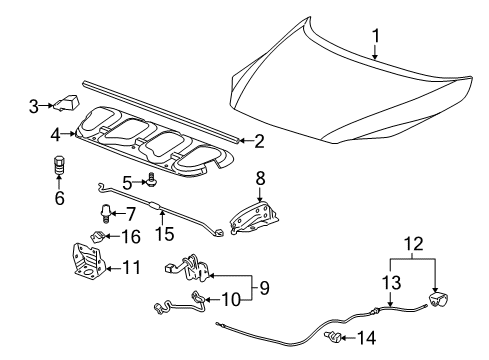 2008 Chevy Uplander Hood & Components Diagram