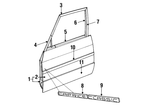 1995 Chevy Impala Front Door & Components, Exterior Trim Diagram