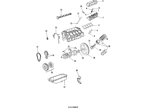 1993 Cadillac DeVille Engine Parts, Mounts, Cylinder Head & Valves, Camshaft & Timing, Oil Pan, Oil Pump, Crankshaft & Bearings, Pistons, Rings & Bearings Diagram
