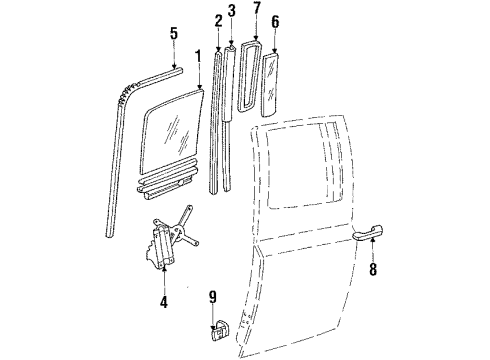 1985 Chevy C20 Suburban Rear Door - Glass & Hardware Diagram