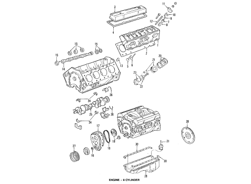 1990 Cadillac Eldorado Engine Parts, Mounts, Cylinder Head & Valves, Camshaft & Timing, Oil Pan, Oil Pump, Crankshaft & Bearings, Pistons, Rings & Bearings Diagram