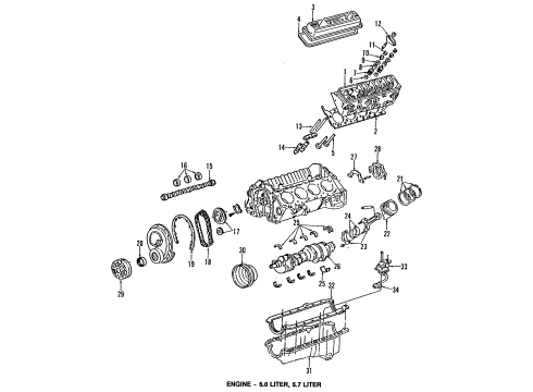 1992 Oldsmobile Custom Cruiser Engine Parts, Mounts, Cylinder Head & Valves, Camshaft & Timing, Oil Cooler, Oil Pan, Oil Pump, Crankshaft & Bearings, Pistons, Rings & Bearings Diagram