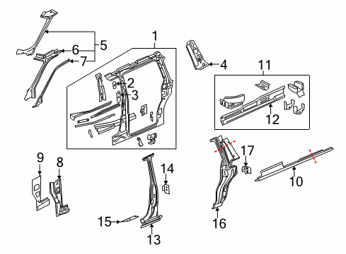2005 Saturn Relay Center Pillar, Hinge Pillar, Lock Pillar, Rocker Panel, Uniside Diagram