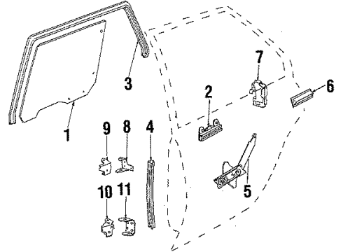 1984 Cadillac Cimarron Rear Door - Glass & Hardware Diagram