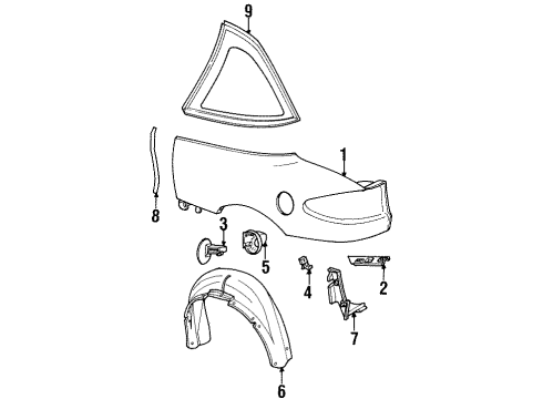 1993 Saturn SC1 Quarter Panel & Components, Glass, Exterior Trim Diagram